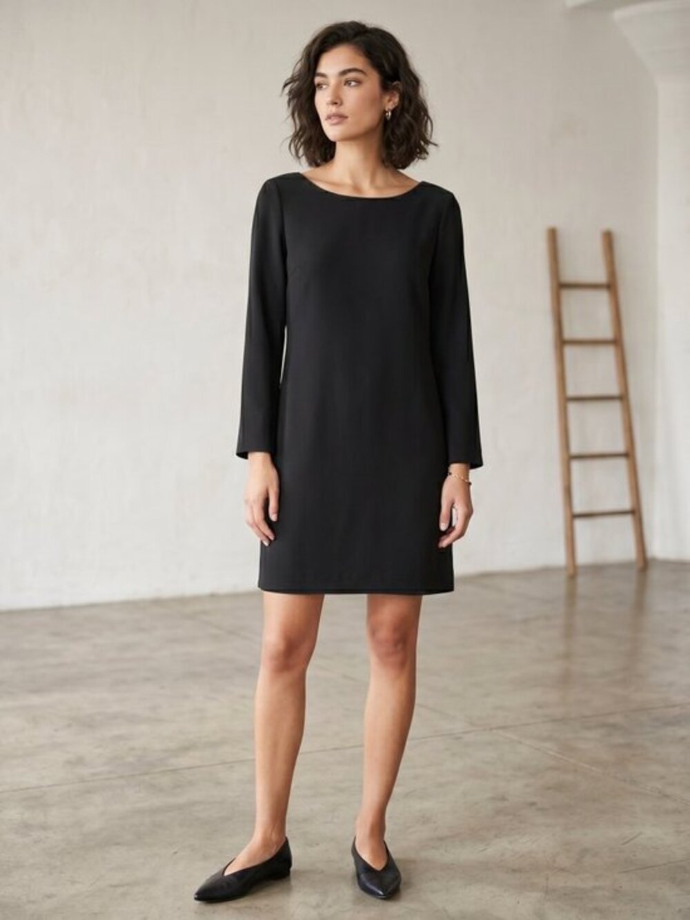 Moschino couture black long sleeve pocket minimalist dress, medium scoop neck